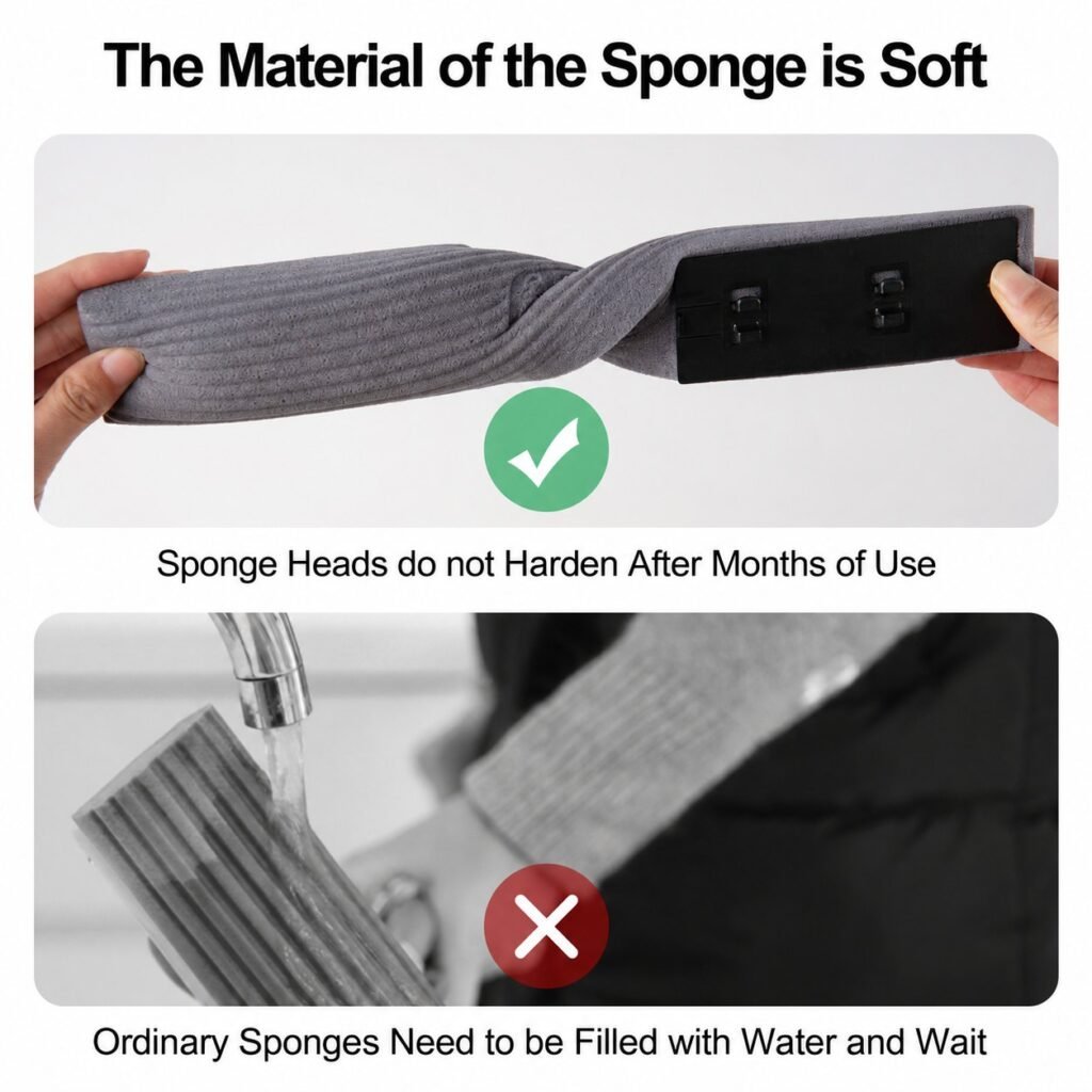 Grey ribbed sponge head of the mop twisted by hand to show it stays soft