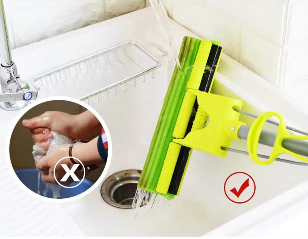 Green PVA sponge mop rinsed under a tap instead of being wrung by hand