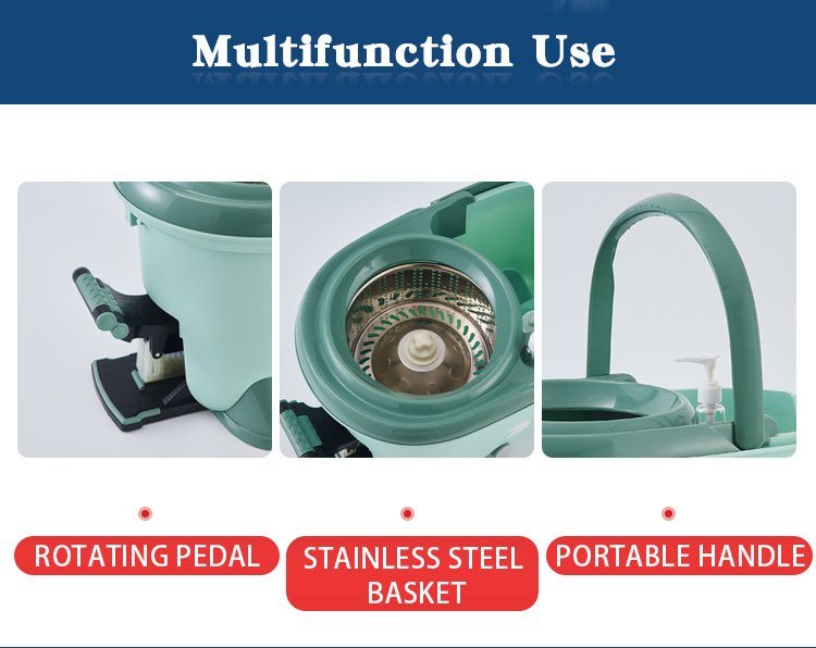 Close-ups of the green spin bucket: rotating pedal, stainless steel basket and carry handle