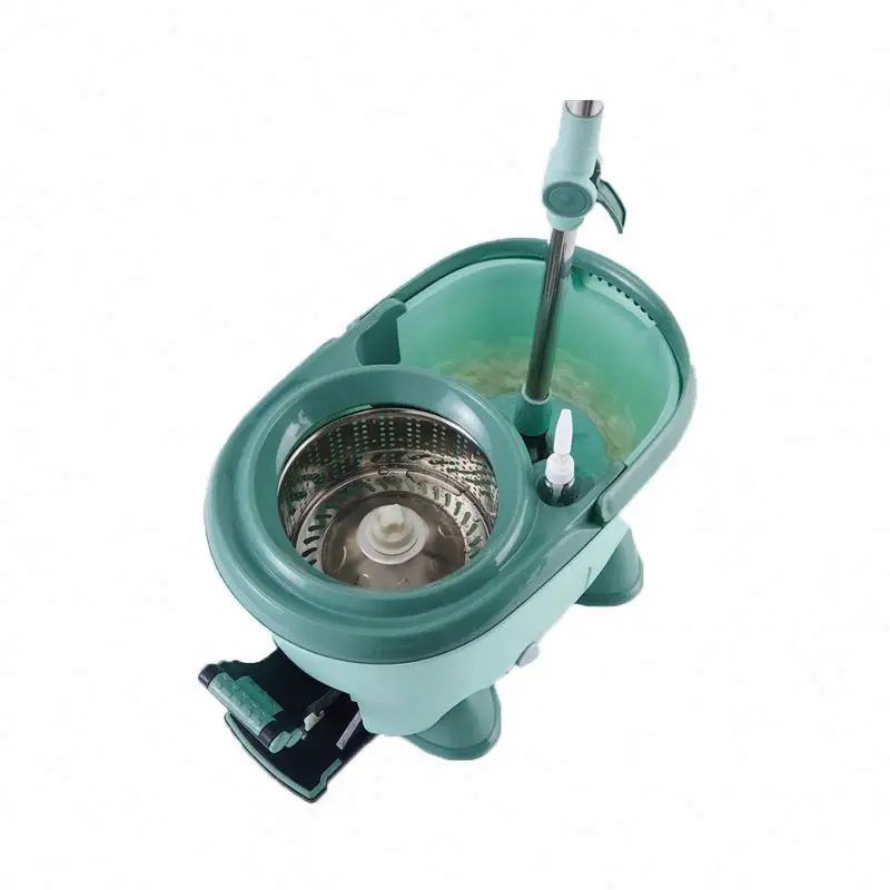 Top view of the green pedal spin bucket showing the stainless basket and wash side