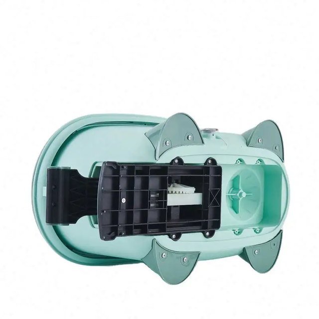Underside of the green spin mop bucket with pedal frame and four splayed feet