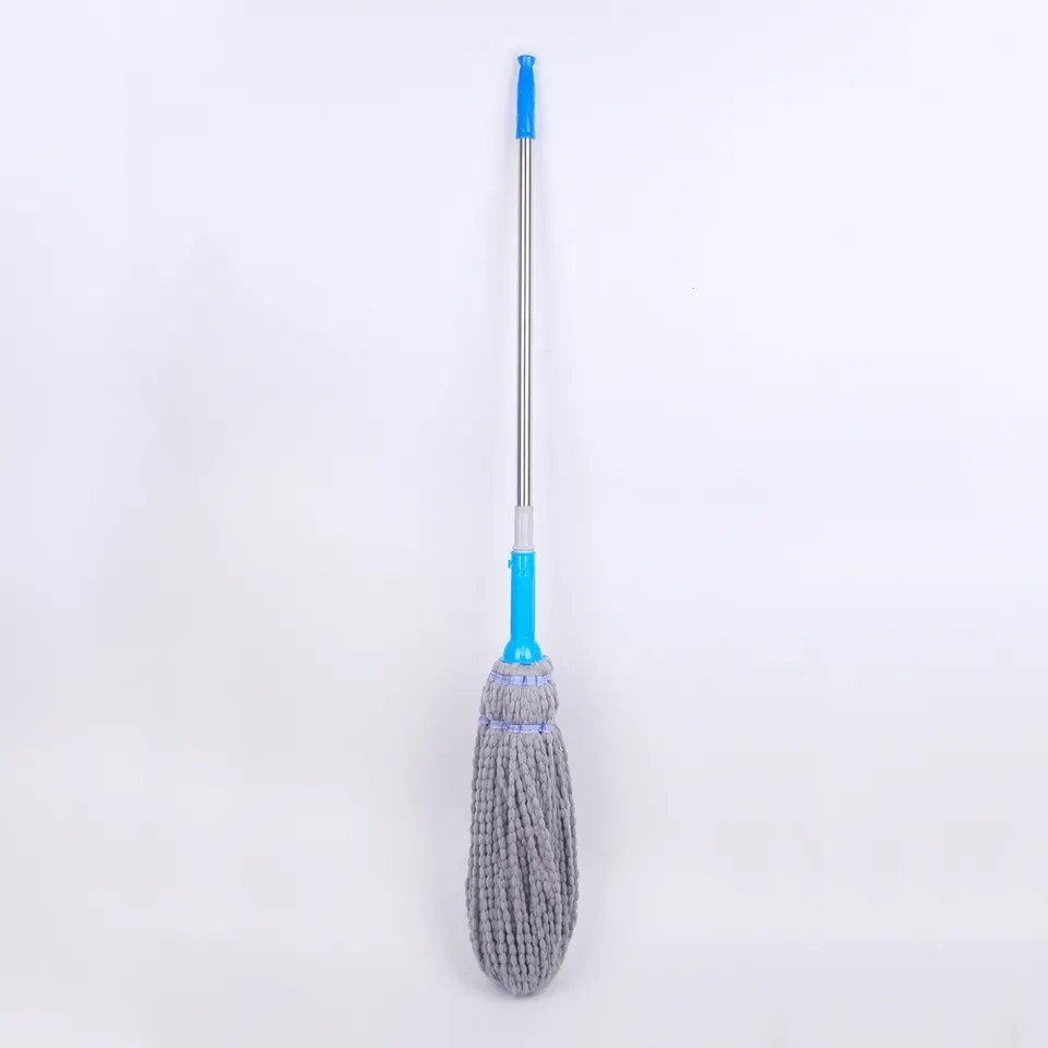 Grey microfiber twist mop shown full length with the yarn head hanging loose