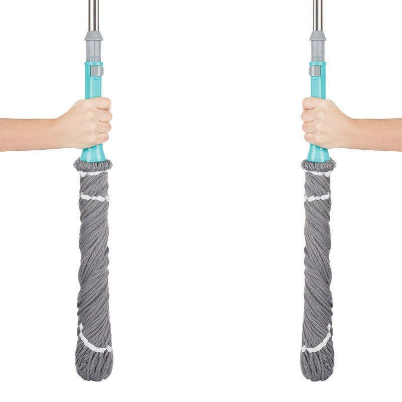 Hands gripping the teal collar to twist the grey microfiber mop head tight