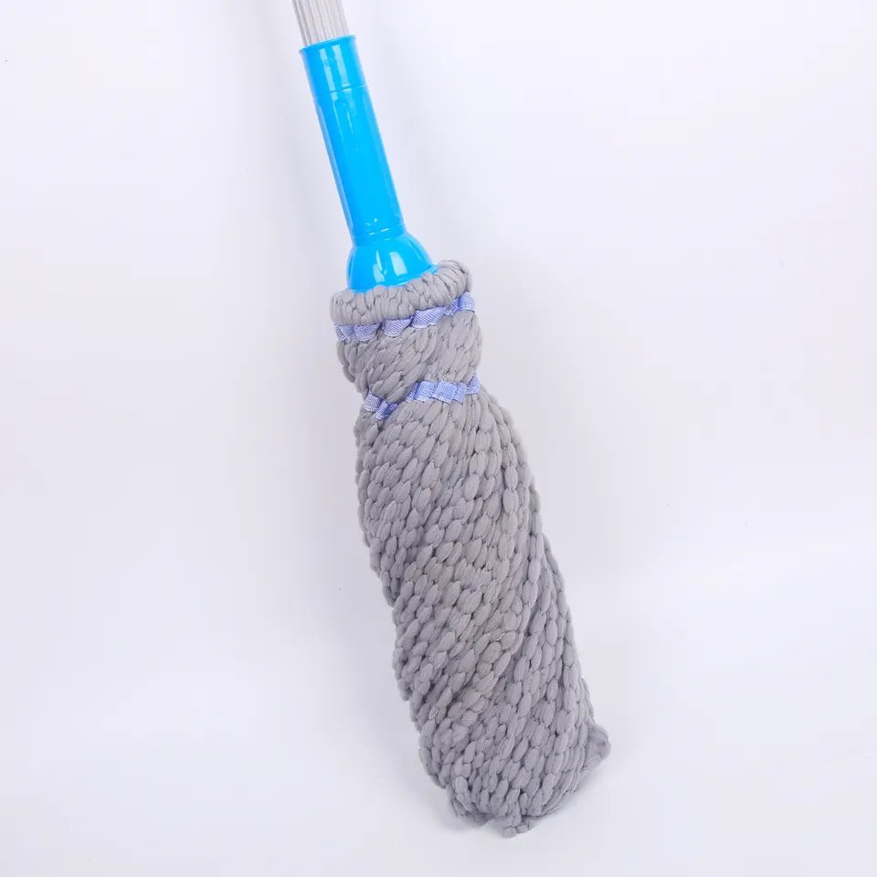 Grey microfiber twist mop head wound tight below the blue collar