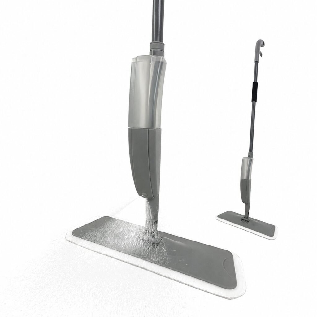 Grey spray mop spraying water in front of its flat head, with a second mop behind