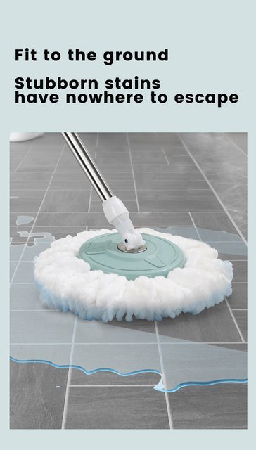 Round microfiber head of the spin mop pushing water across grey floor tiles