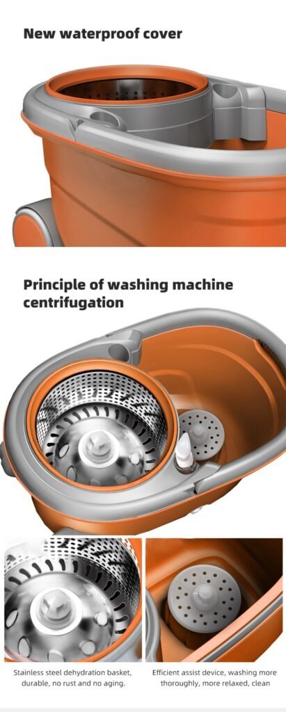 Spin mop bucket cover, stainless spin basket and perforated wash plate close-ups