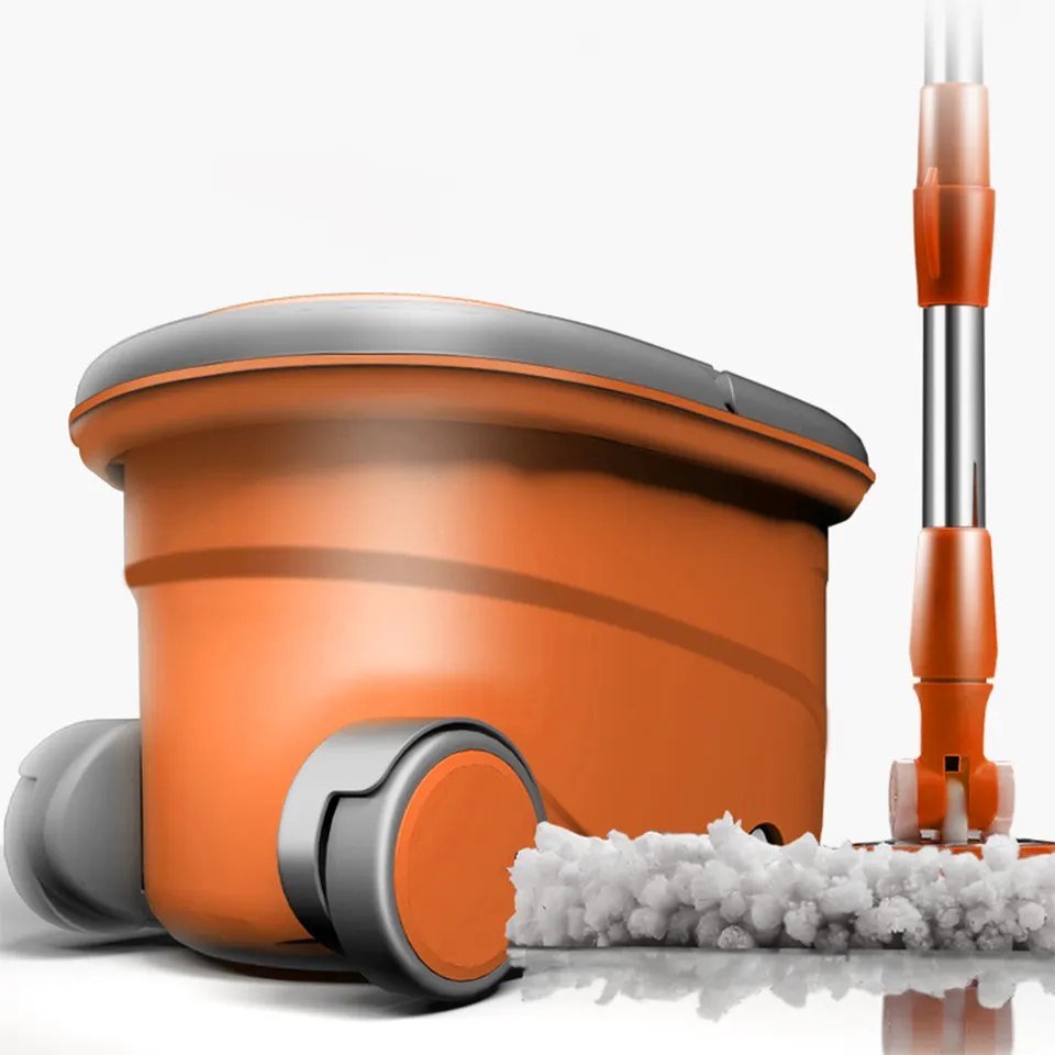 Orange spin mop bucket from the side with a wheel and the mop head on the floor