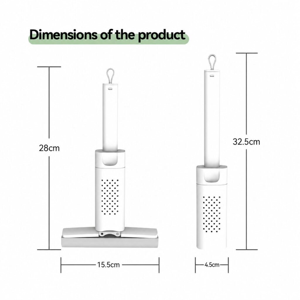 Dimension drawing of the mini sponge mop: 28 cm tall, 15.5 cm head, 32.5 cm folded