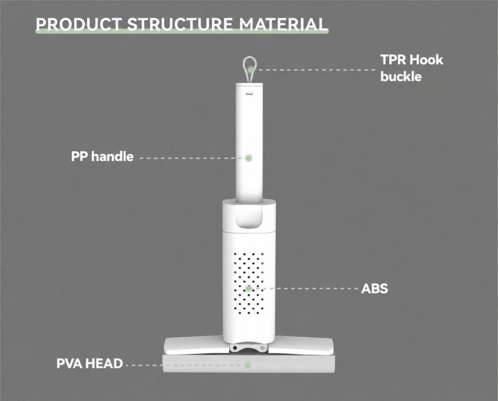 Material diagram of the mini sponge mop: PP handle, ABS sleeve, PVA head, TPR loop