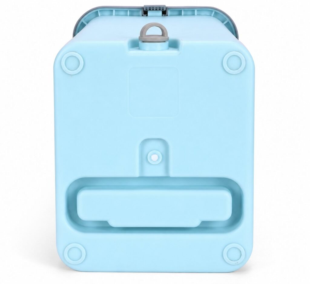 Underside of the light blue mop bucket with drain plug and moulded base grip