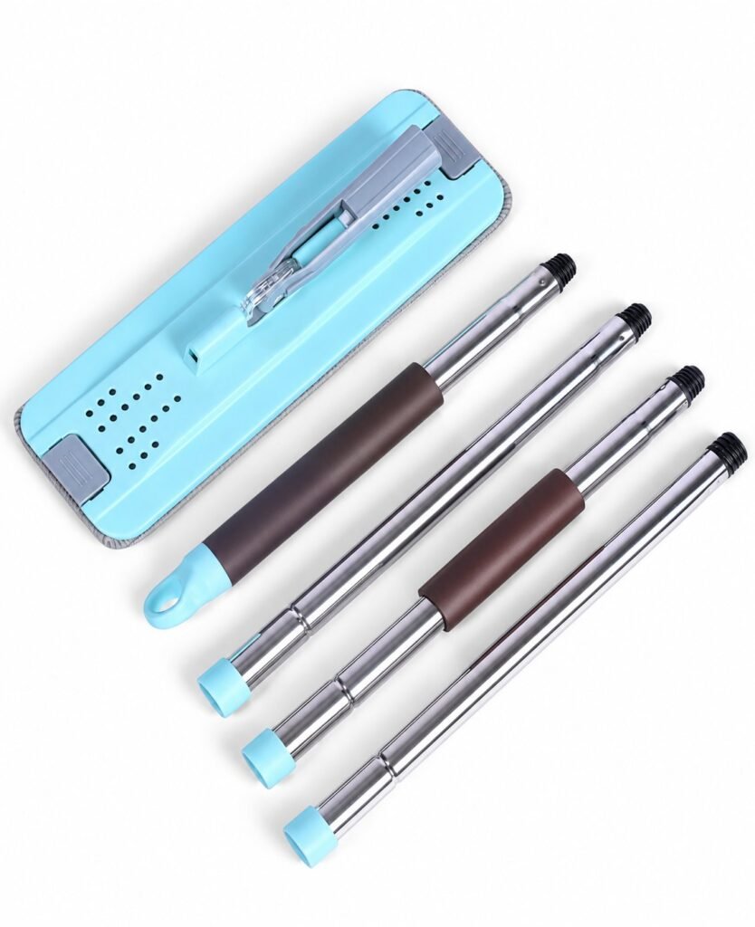 Flat mop head with four iron pole sections and two brown foam grips
