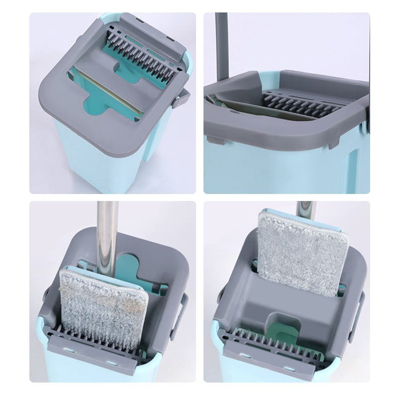 Close-ups of the bucket lid: wash slot with comb and pad drawn up through the dry slot