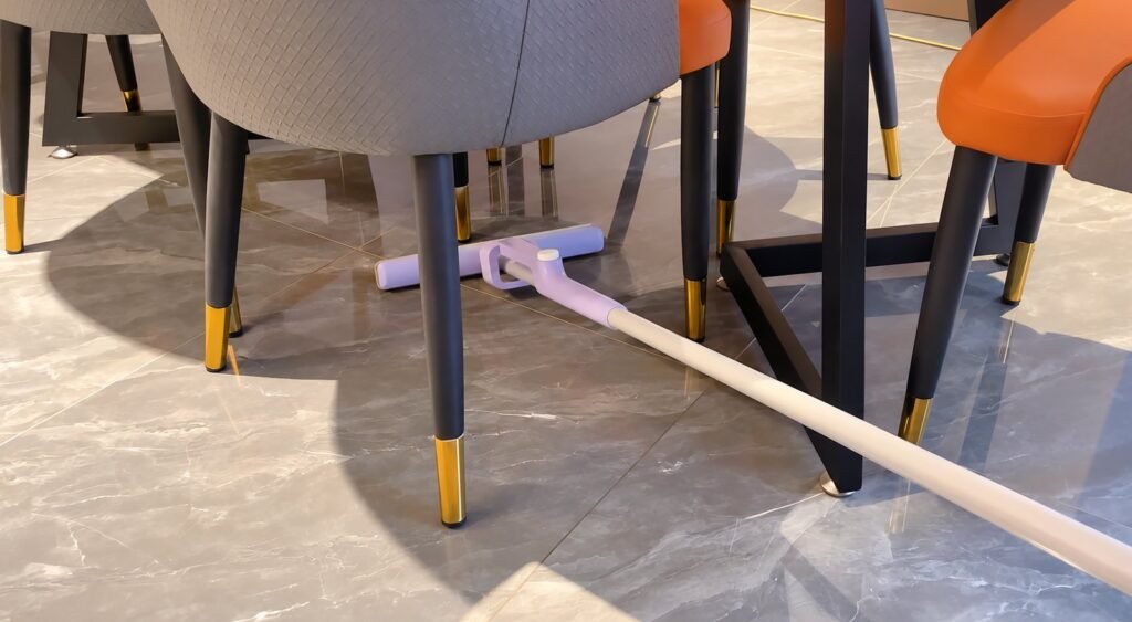 Lilac mini sponge mop reaching under dining chairs on a marble floor