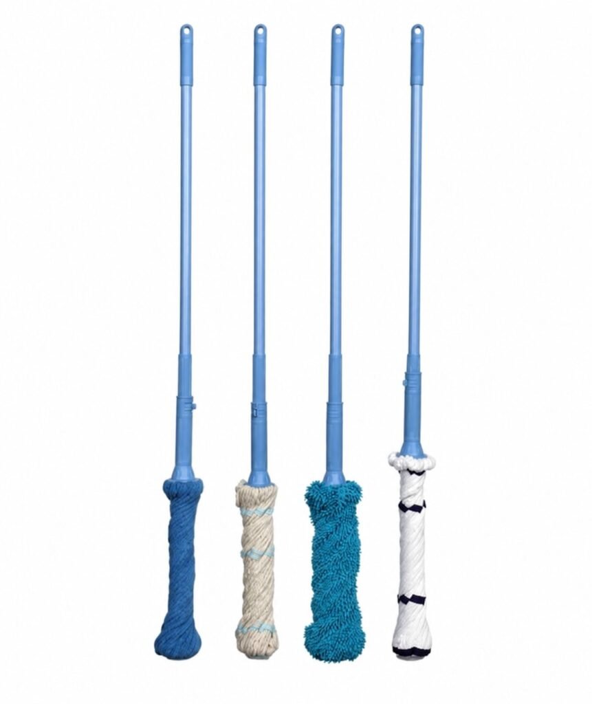 Four twist mops on blue poles with blue, cream cotton, teal chenille and white heads