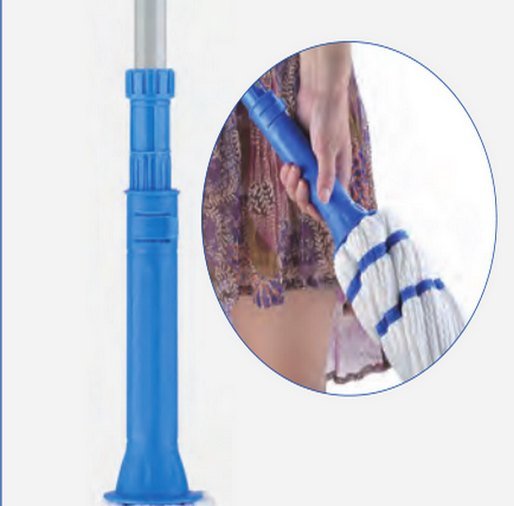 Blue twist collar of the mop, with an inset of a hand gripping it to wring