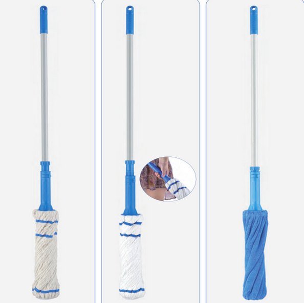 Three long-collar twist mops on iron poles with cream cotton, white and blue microfiber heads