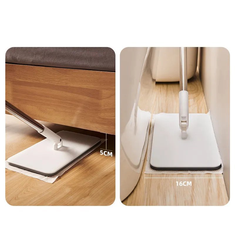 Flat mop showing 5 cm under-furniture clearance and a 16 cm deep head