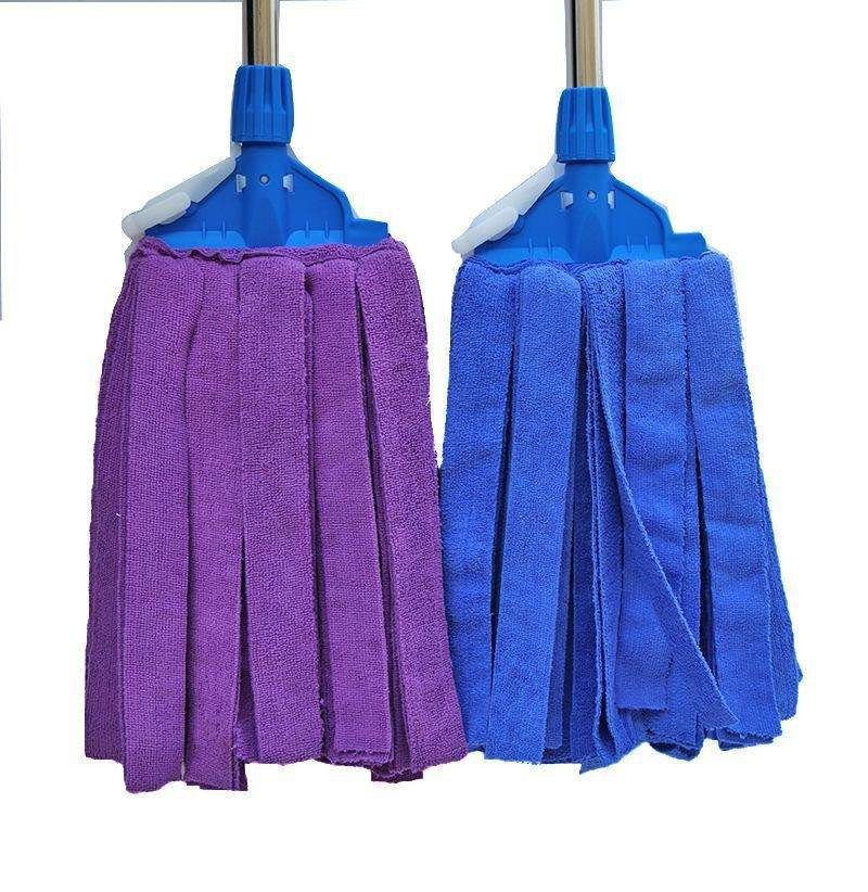 Purple and blue microfiber towel strip heads side by side on their blue clamps