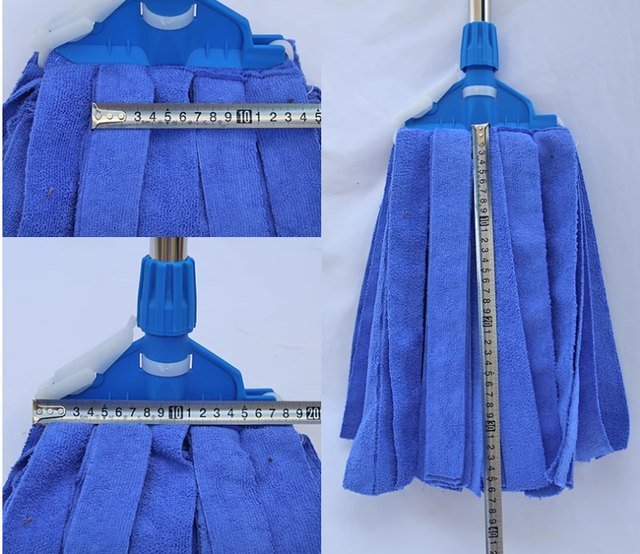 Blue towel strip mop head measured with a steel tape across and along the strips