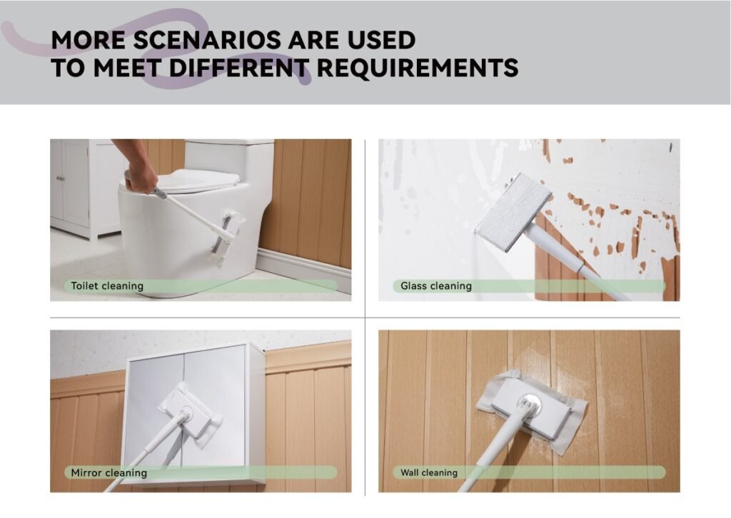 Mini clip mop used on a toilet base, glass, a mirror cabinet and a panelled wall
