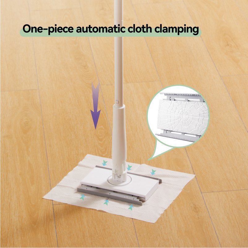 Mini clip mop pressed down to clamp a paper wipe on both long edges