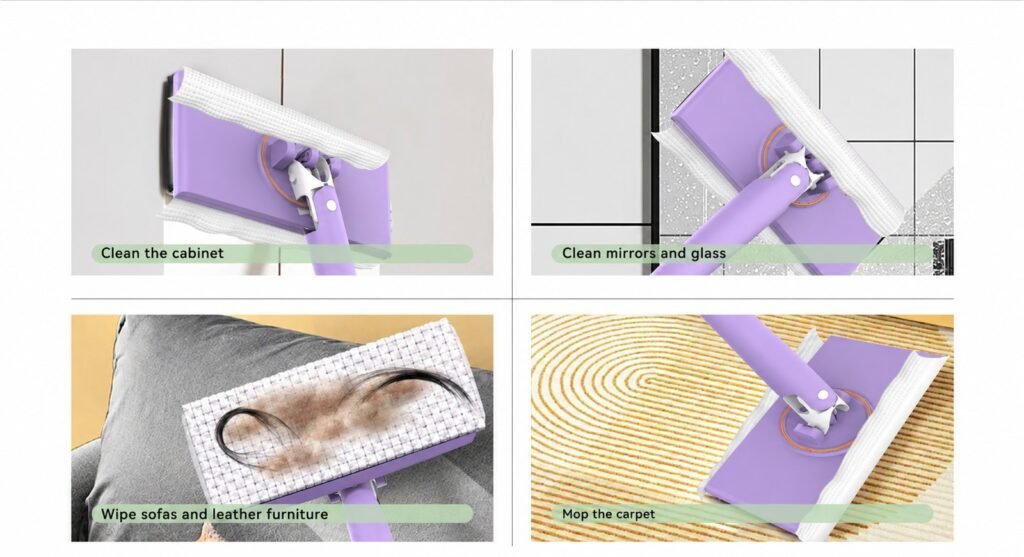 Mini clip mop with a wipe cleaning a cabinet, a mirror, a sofa and a rug
