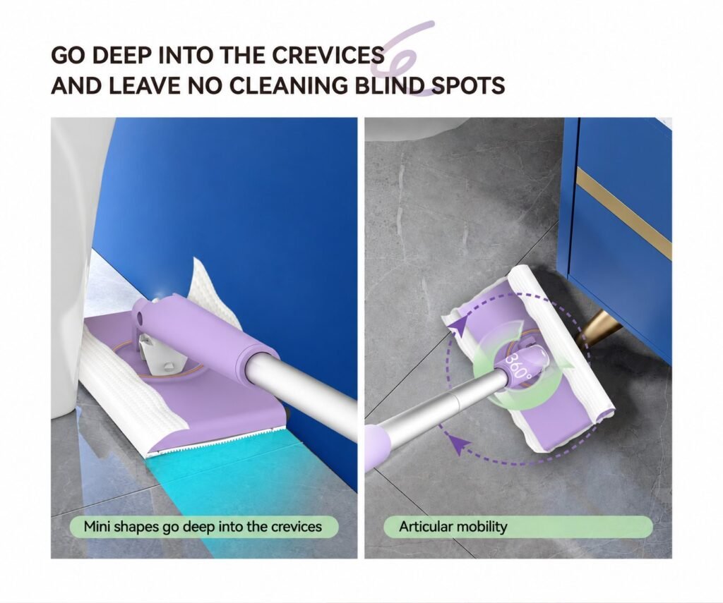 Mini clip mop reaching beside a toilet and turning on its 360° joint by a vanity unit