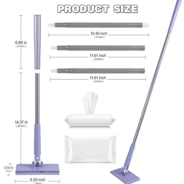 Size chart of the mini clip mop set with three extension poles and two packs of wipes