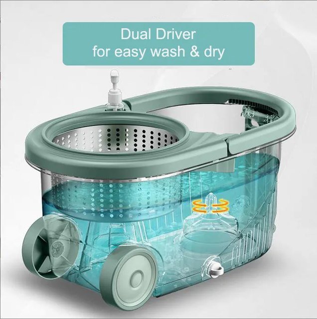 Cutaway view of the mint spin mop bucket showing both drive seats, wheels and drain plug