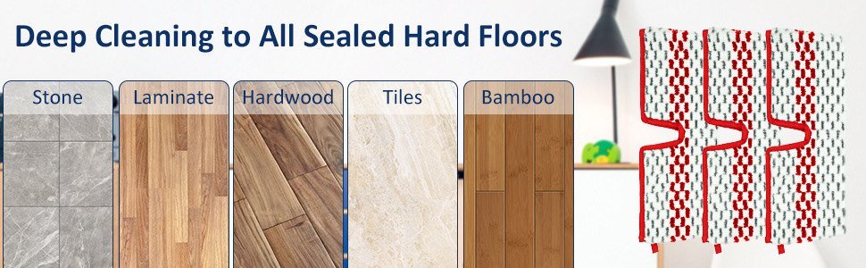 Notched microfiber pads beside stone, laminate, hardwood, tile and bamboo floors