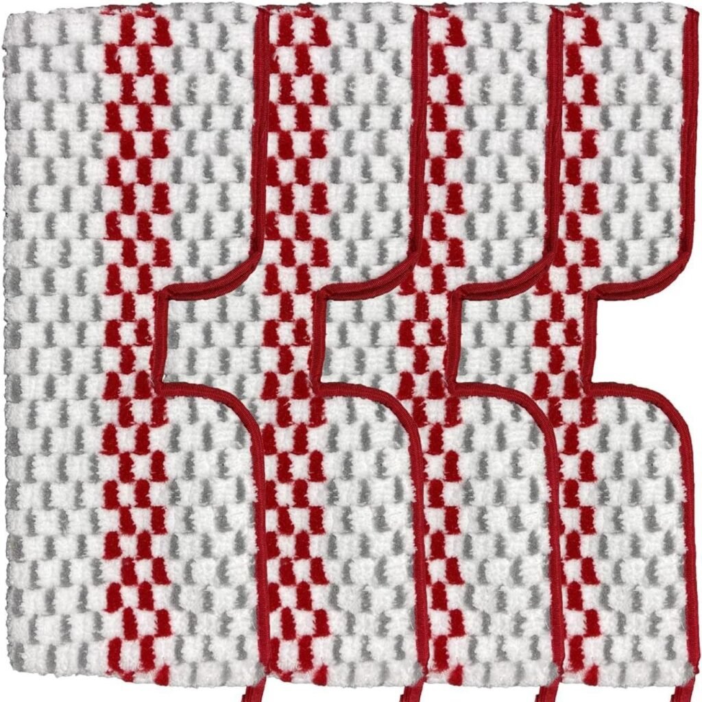 Several notched red, grey and white microfiber spray mop pads overlapping