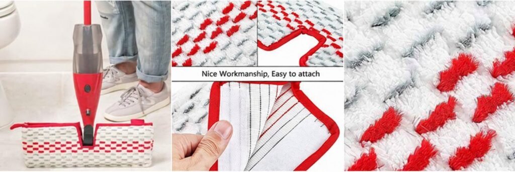 Spray mop pad in use, notch binding, hook-and-loop back and pile close-up