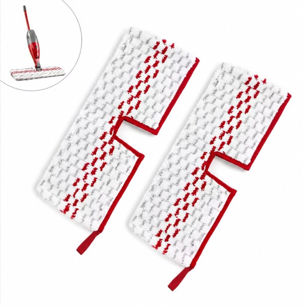 Two notched microfiber spray mop pads with pull tabs, spray mop inset