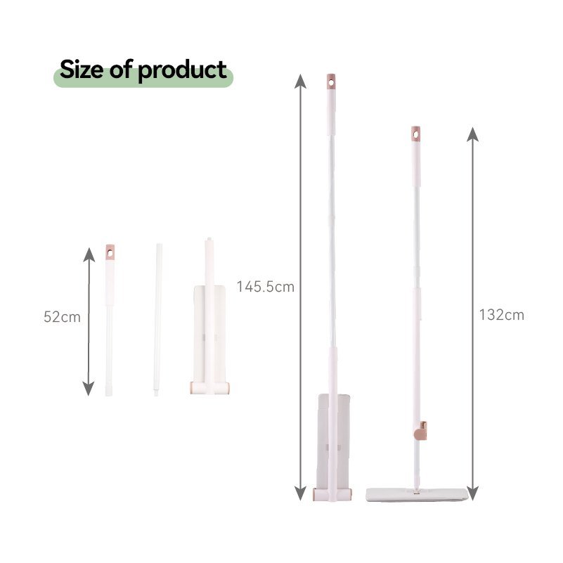 Size chart of the flat mop: 132 cm in use, 145.5 cm upright, 52 cm pole sections