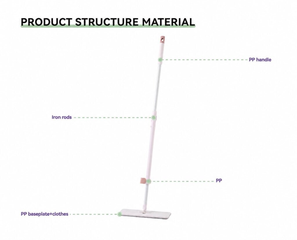 Parts of the flat mop labelled: PP handle, iron pole, PP collar and PP base plate with pad