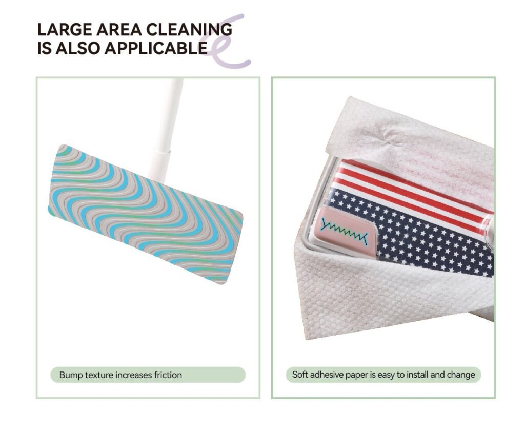 Textured underside of the flat mop base and a wipe held under the printed top