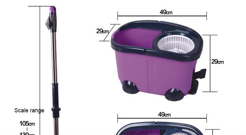 Purple spin mop bucket on four wheels with dimensions 49 × 29 × 29 cm