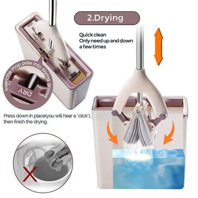 Sponge mop head clicked into the bucket's drying slot and squeezed by moving it up and down