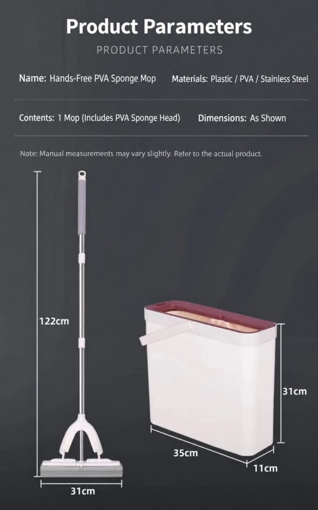 Size chart of the sponge mop set: 122 cm mop, 31 cm head, 35 × 11 × 31 cm bucket