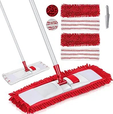 Red chenille flat mop shown beside the flat microfiber version and spare pads