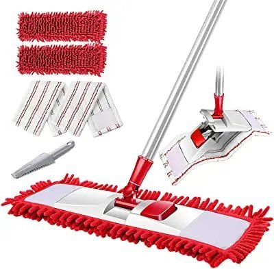 Full red chenille flat mop set: mop, chenille and striped refills and scraper