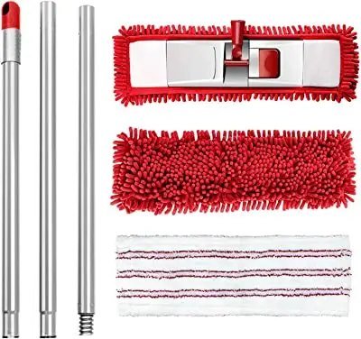 Three-section steel pole, chenille-fitted frame and two refill pads of the red mop set