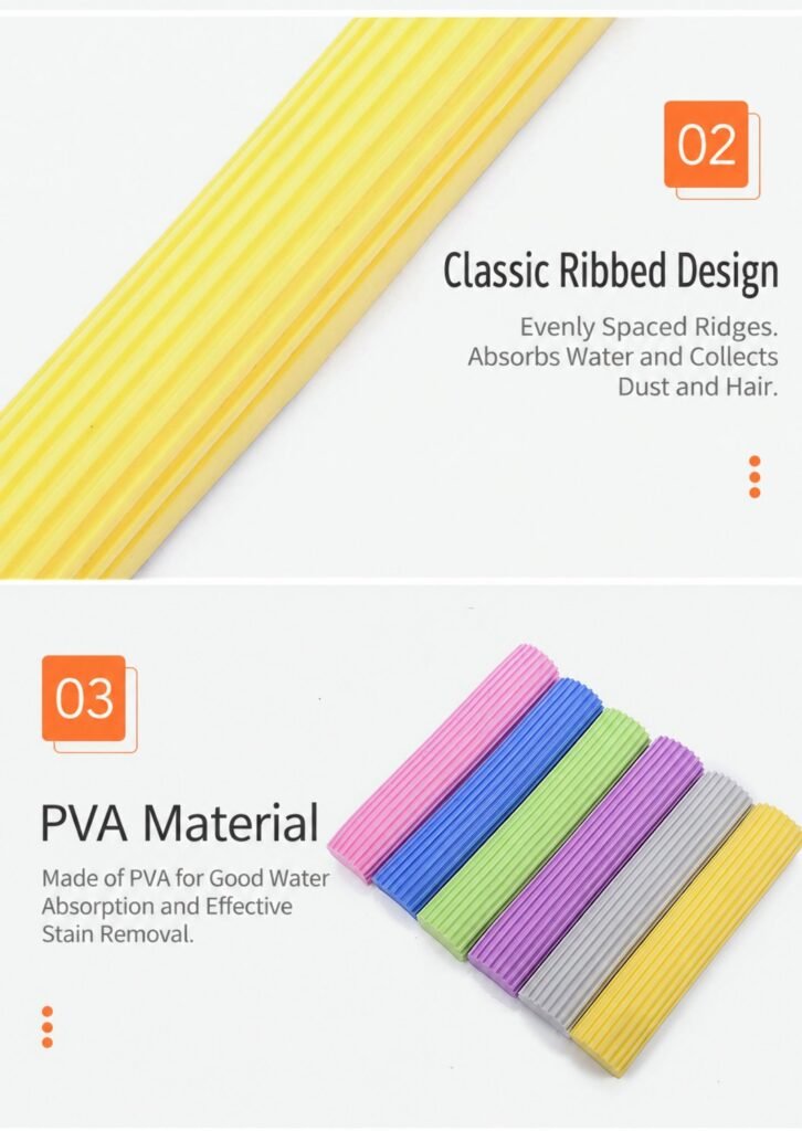 Ribbed yellow PVA sponge face and six PVA mop heads in a row