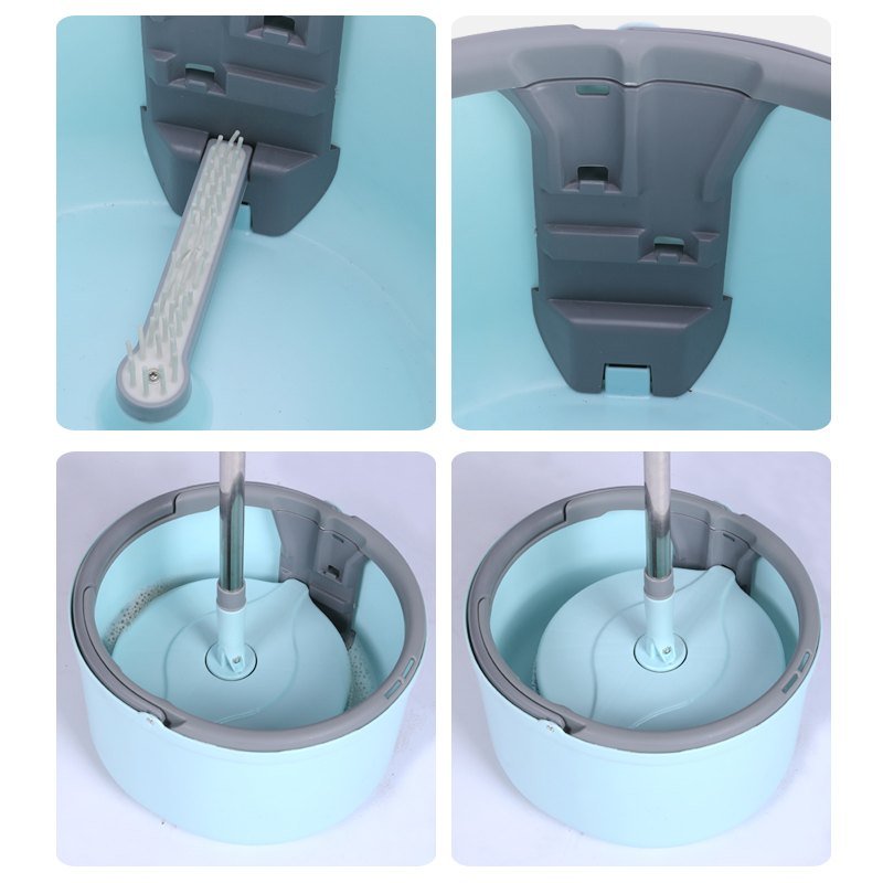Inside the round spin bucket: removable comb scraper, grey bracket and spinning platform