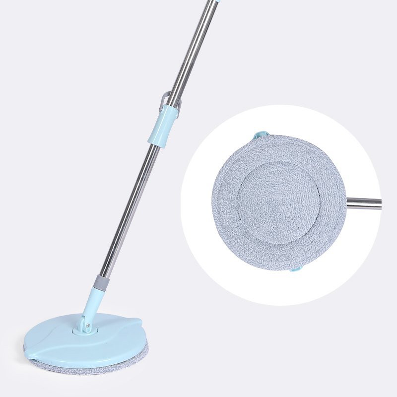 Light blue round mop plate on its pole with an inset of the flat grey pad