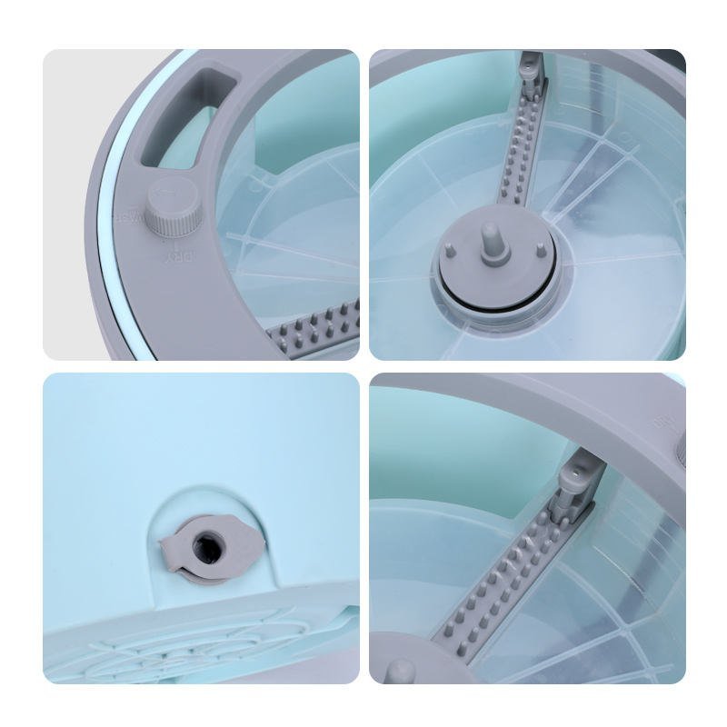 Close-ups of the round mop bucket: wash and dry dial, centre post, drain plug, scraper teeth