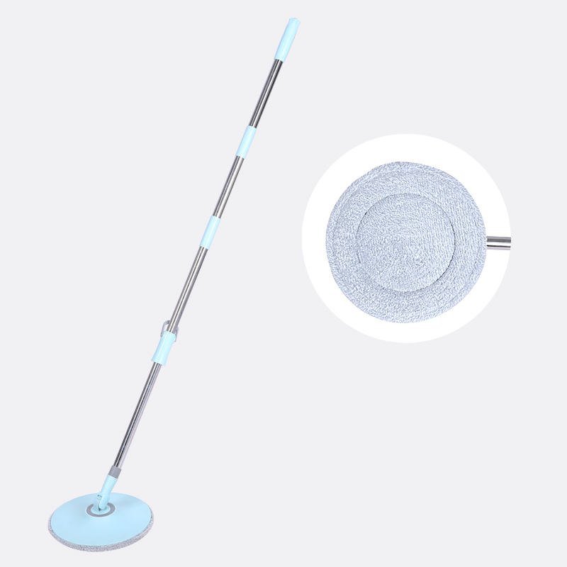 Round flat mop on a stainless steel pole with a close-up of the round microfiber pad