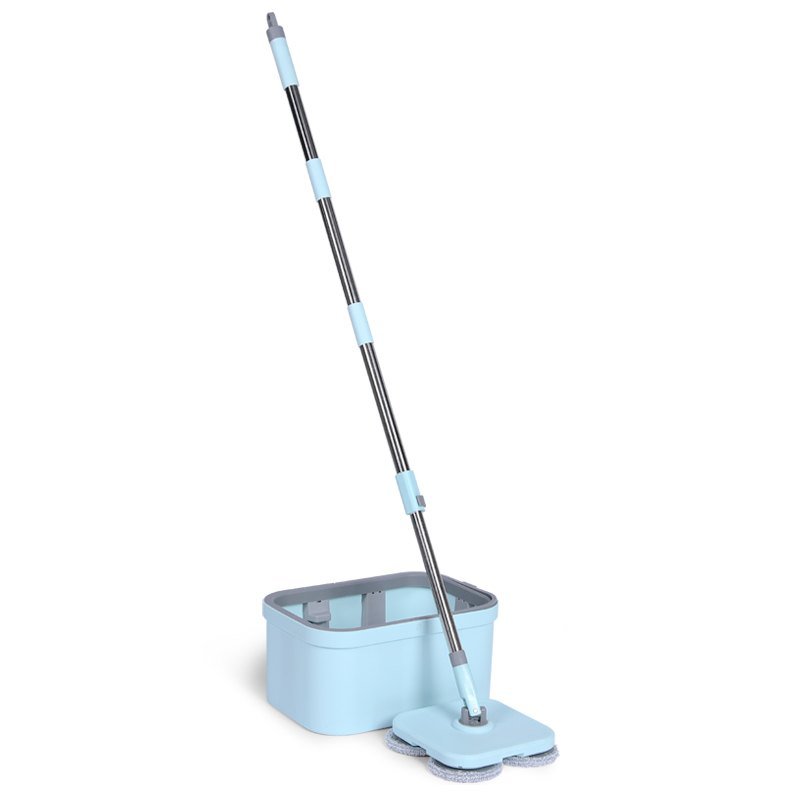 Full rounded-square spin mop set standing in its light blue rectangular bucket