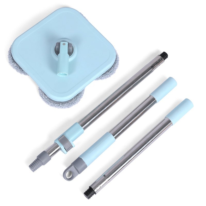 Rounded-square spin mop head with microfiber pads beside three stainless pole sections